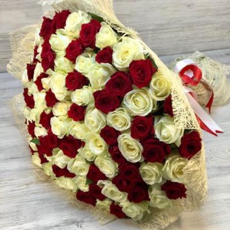 Букет из 101 красной и белой розы (50 см) "Легкий поцелуй"